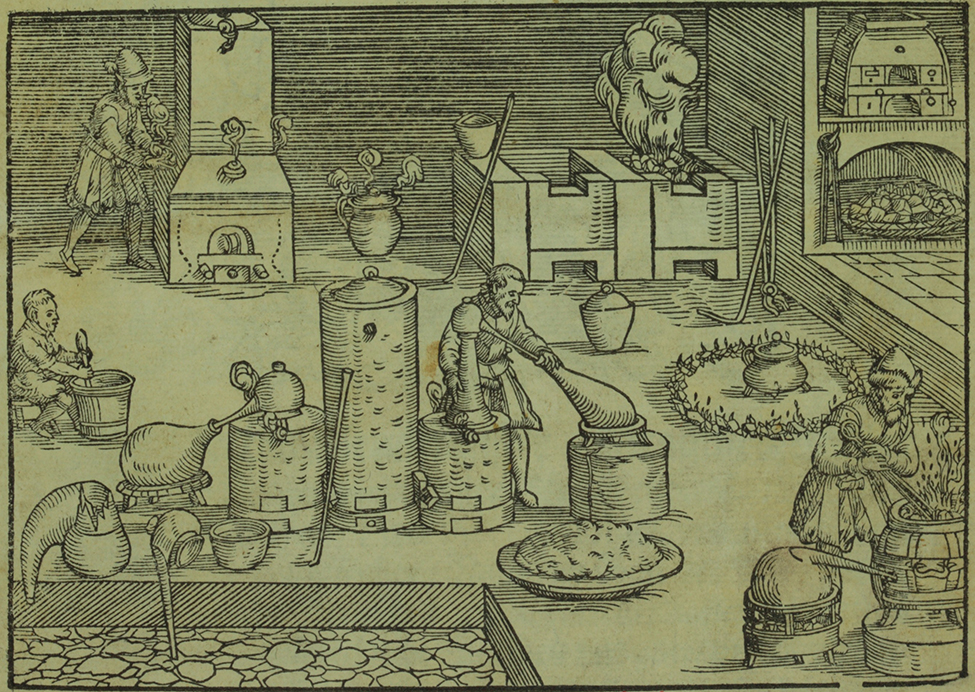 A sketch depicts 4 people stirring and handling chemicals in an ancient laboratory. The chemicals are held in a variety of barrels and large cylinders. Several of the containers are being heated over burning embers. A large stove in the laboratory is filled with burning embers. There is also a large chest in the corner that is producing steam.