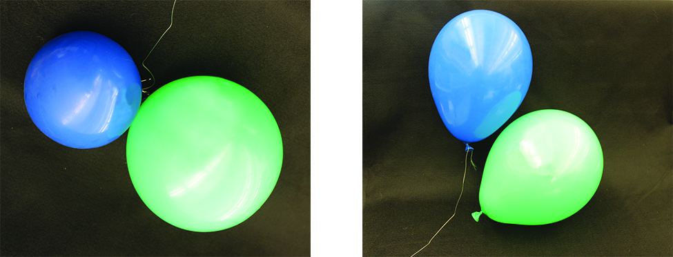 Two photos, each with a blue and green balloon, are pictured. The photo on the left shows the blue balloon being smaller than the green balloon. The right hand photo shows the same two balloons but now the green balloon is of equal size as the blue balloon.