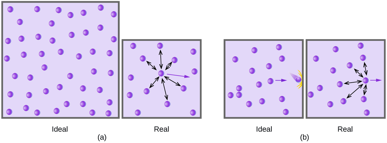 Two diagrams labeled ( a ) and ( b ) with hypothetical gas molecules to compare ideal and real gases are pictured. In diagram ( a ), two lavender shaded boxes are shown. The left box is labeled “Ideal” and contains about 50 small purple spheres that are relatively evenly distributed. The box to its right is labeled “Real” and is about two thirds the size as the ideal box and contains 14 purple dots. A nearly centrally located purple sphere with 6 double-headed arrows extending outward from it to nearby spheres is pictured. Also extending out from the central dot, there is a single purple arrow pointing right into open space. In diagram ( b ), two lavender shaded boxes of the same size both contain 14 small purple dots that are relatively evenly distributed. The left box is labeled “Ideal”. One purple arrow points horizontally to the right from a centrally located dot to another dot that is hitting the wall of the box on the right side. Yellow lines are used to indicated collision with the wall. The second box in diagram ( b ) is labeled “Real” and has a purple sphere at the right side which has 4 double-headed arrows radiating out to the top, bottom, and left to other spheres. A single purple arrow points right through open space to the edge of the box. This box has no spheres positioned near its right edge.
