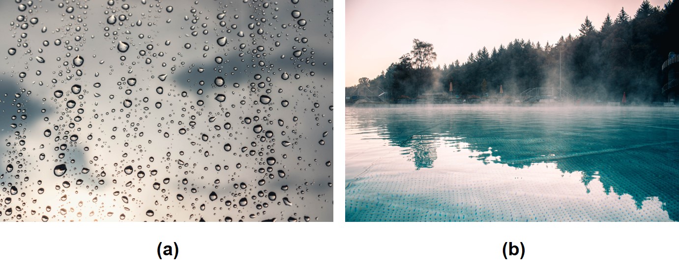 Condensation forming on a shower door and fog condensing on a lake's surface are pictured in two separate photos.