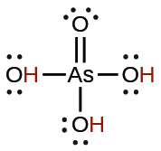 This image represents the Lewis structure for acidic arsenic. This acid is made up of arsenic as the central atom, double bonded to an oxygen and single bonded to 3 OH groups.