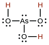 This image represents the Lewis structure for arsenous acid. This acid is made up of arsenic as the central atom, single bonded to 3 oxygen atoms and also containing a single lone pair of electrons.