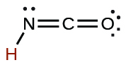 This image represents the Lewis structure for cyanic acid. This acid is made up of carbon as the central atom, double bonded to an oxygen atom and a nitrogen atom on opposite sides of the carbon.