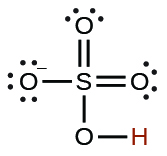 This image represents the Lewis structure for hydrogen sulfate ion. This acid is made up of sulfur as the central atom, single bonded to an OH (hydroxide) group, single bonded to an oxygen ion and double bonded to two oxygen atoms.