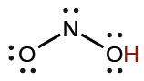 This image represents the Lewis structure for nitrous acid. This acid is made up of nitrogen as the central atom, single bonded to an OH (hydroxide) group and single bonded to an oxygen atom.