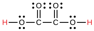 This image represents the Lewis structure for oxalic acid. This acid is made up of a two carbon chain. Each carbon is double bonded to an oxygen atom and single bonded to an OH (hydroxide) group.