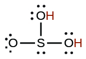 This image represents the Lewis structure for sulfurous acid. This acid is made up of sulfur as the central atom, single bonded to two OH (hydroxide) groups and single bonded to an oxygen atom. The central sulfur also has one lone pair of electrons.