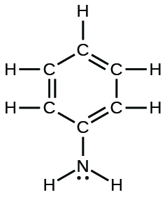 This image represents the Lewis structure for analine. This structure is composed of a carbon ring in which every other carbon is double bonded. Nitrogen is attached as a substituent group and is also bonded to two hydrogen atoms and one lone pair of electrons. Due to double bonding in the carbon ring and the amine group, the ring structure only has space for 5 hydrogen atoms.