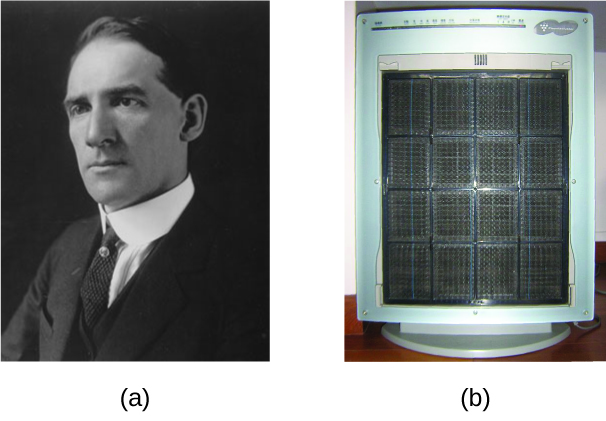 A headshot of Frederick Cottrell and a photo of an electrostatic precipitator that is used to curb air pollution are pictured.