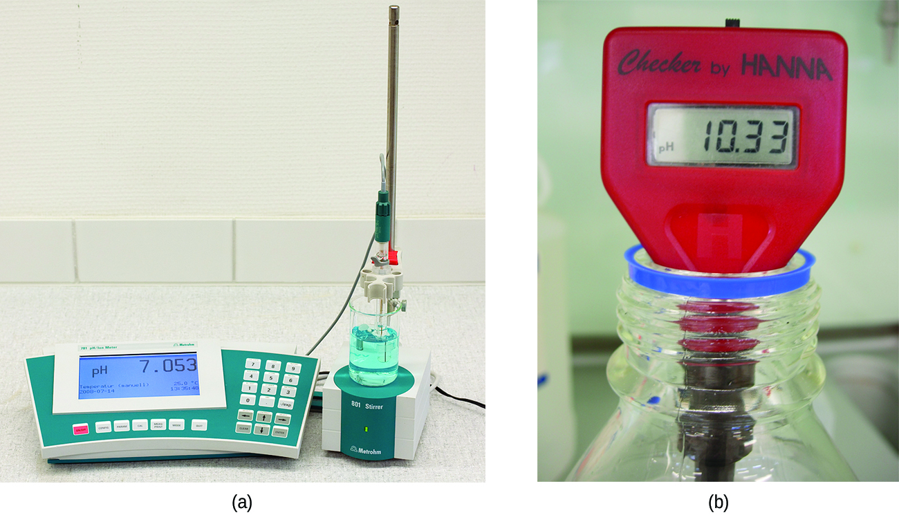 The first image is of an analytical digital p H meter on a laboratory counter. The second image is of a portable handheld digital p H meter.
