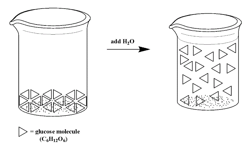 Glucose molecules, depicted as triangles in this diagram, when placed into a solvent such as water do not dissociate. Therefore, after a certain amount of time, the molecules flow around as complete molecules (still depicted as triangles).