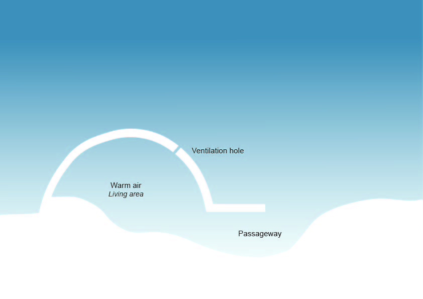 A graphic of a blue sky with white snow and a cross section of an iglu is pictured. Inside the iglu is labeled warm air living area and the entrance in and out of the iglu on the right side is labeled passageway. From the passageway, about two thirds of the way up to the peak of the iglu there is a ventilation hole.