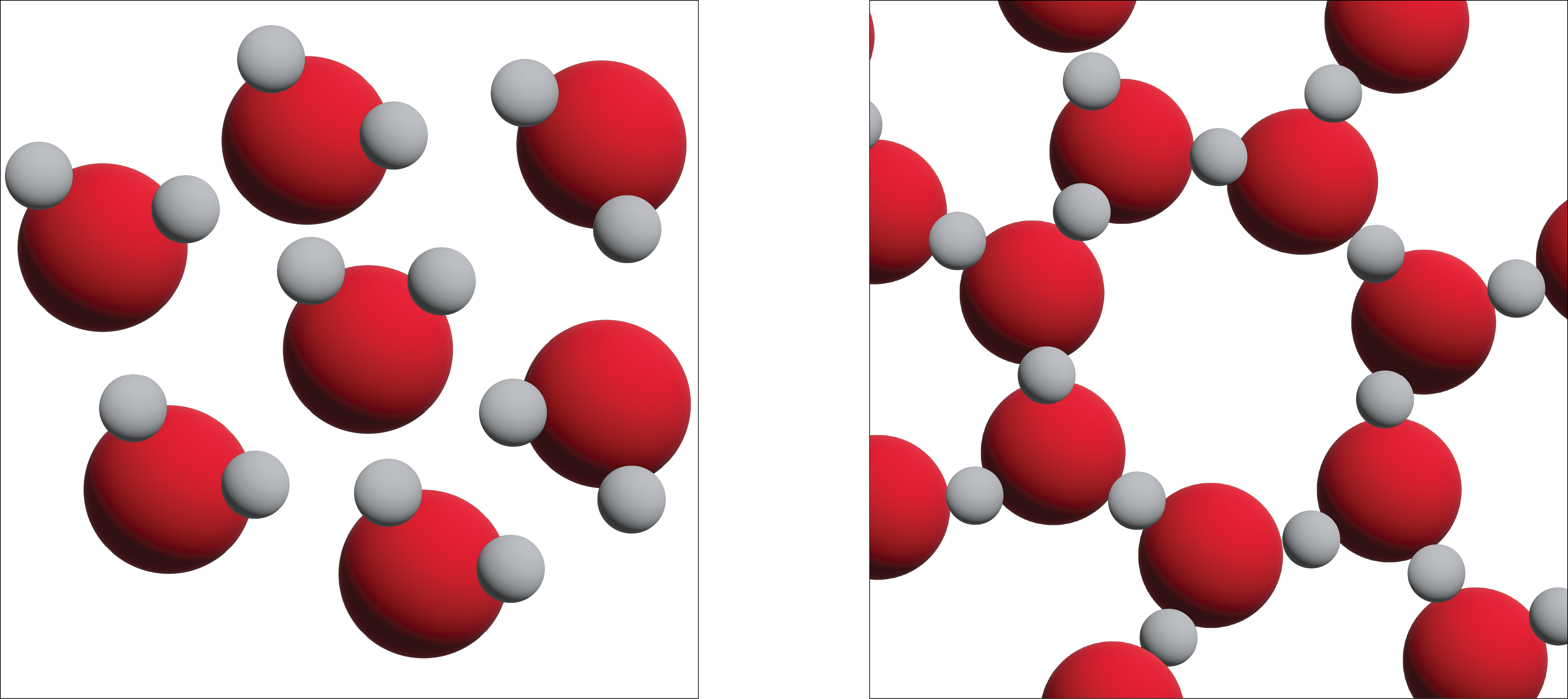 Two images depict the three dimensional view of liquid water with free floating H subscript 2 O molecules and ice with bound H subscript 2 O molecules.