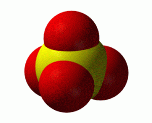 The image is a sulfate ion in a space-filled format where one yellow sulfur atom is in the center bonded to four red oxygen atoms.