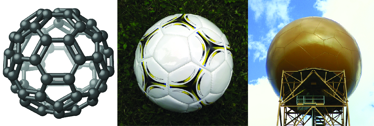 Three figures are shown. The left figure is a many-sides spherical ball composed of hexagonal rings which have carbon atoms at each corner. The center picture shows a soccer ball. The right picture shown as water tower with sides shaped like hexagonal rings.