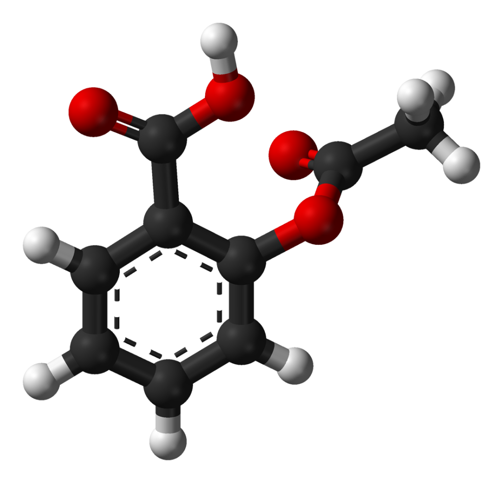 3-D ball and stick image of Aspirin. Acetylsalicylic acid (Aspirin) has the formula C₉H₈O₄ and the expanded formula the expanded formula is CH3COOC6H4COOH. Aspirin has a benzene aromatic ring with a COOH group attached to carbon 1; then a OCOCH3 group attached to carbon 2.