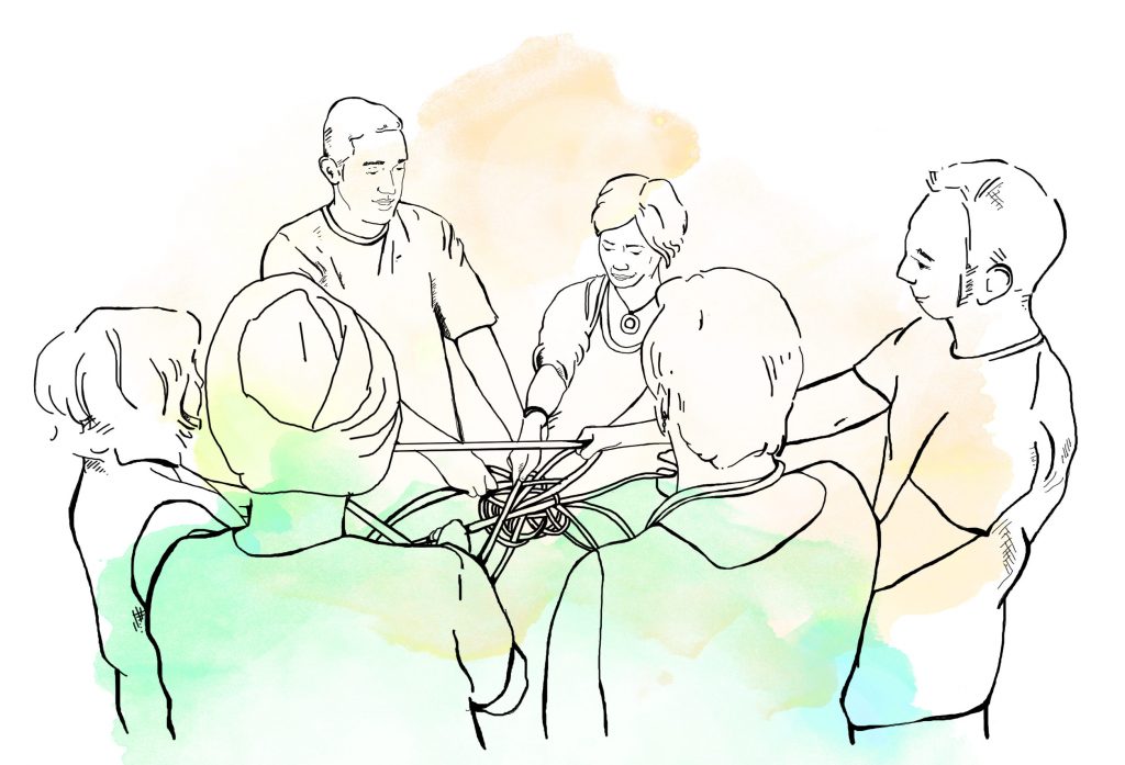 Sketch of a group of people untying a challenging knot together. Image interpretation available below in the caption.