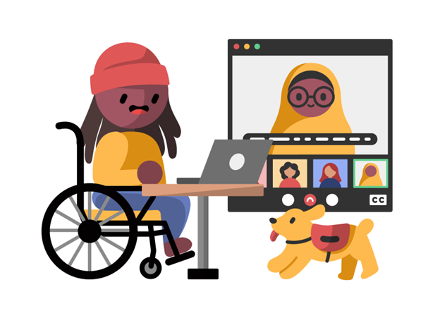 A dark skinned wheelchair user with long hair and a beanie sits at a small table, using their laptop to participate in a video meeting. The laptop screen is shown to their right, with the call being live captioned. The main speaker is a dark skinned person wearing a hijab and glasses, and 3 other participants are at the bottom of the screen, in smaller windows. In the bottom right corner, a yellow service dog bounds towards the wheelchair user.