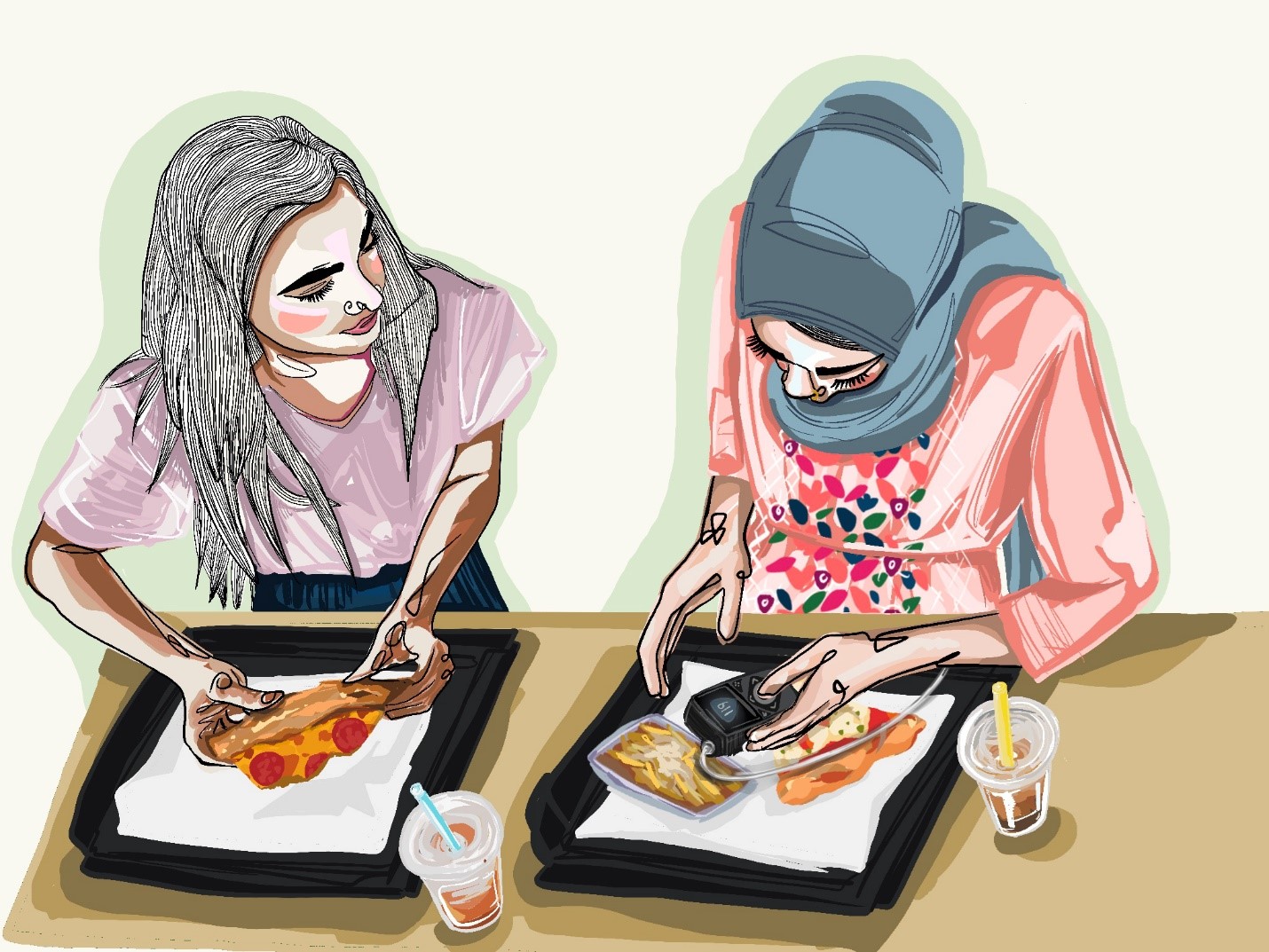 A diabetic Pakistani woman sits in a pizza restaurant with a childhood friend, using a pump to inject some insulin before eating. The friend carries on the conversation while holding a slice of pizza, and is a Pakistani woman with wavy hair, a pink shirt, and high-rise jeans. The woman on the right wears a blue hijab paired with a floral pink dress. Their table is filled with pizza, fries, and fresh-squeezed fruit drinks.