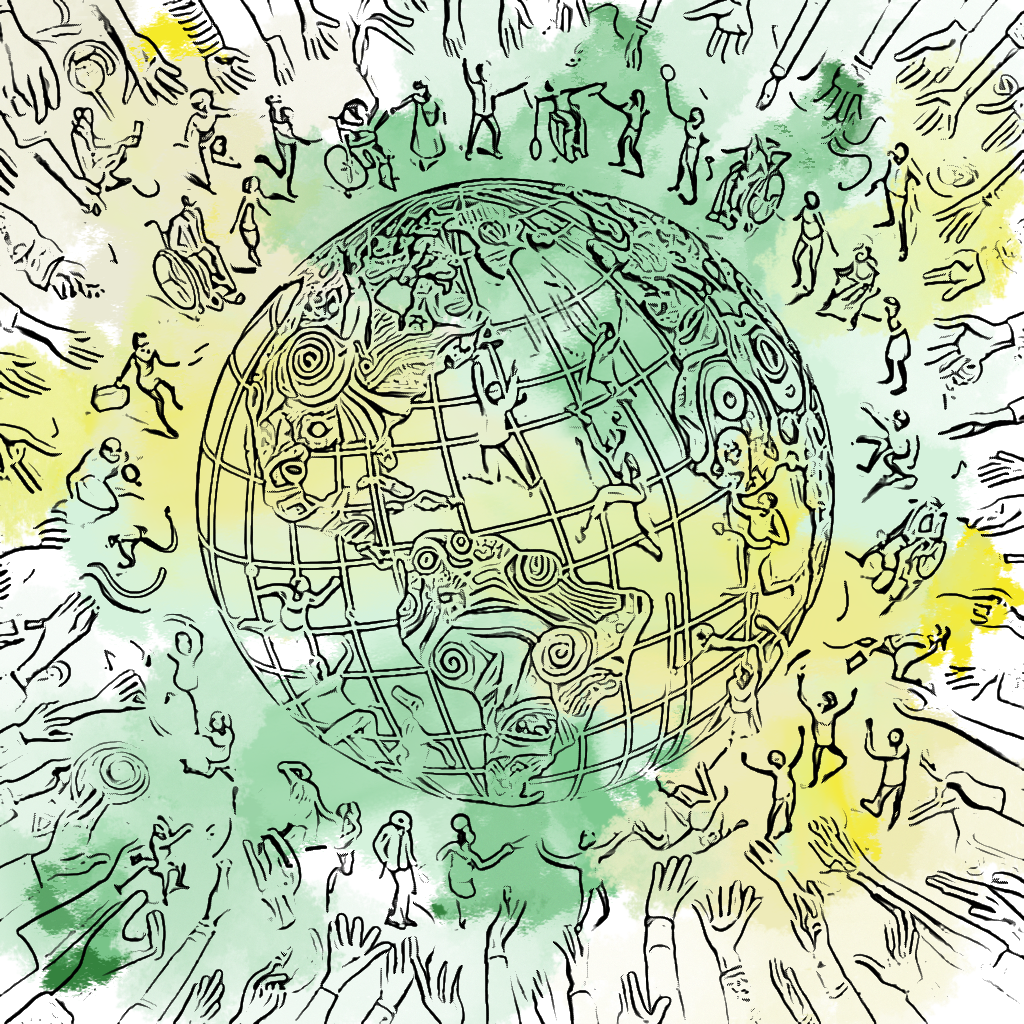 A globe with various diverse people with a wide variety of identities dancing in celebration of being a part of the world, with hands outreaching towards them with watercolour blooms in green and yellow.
