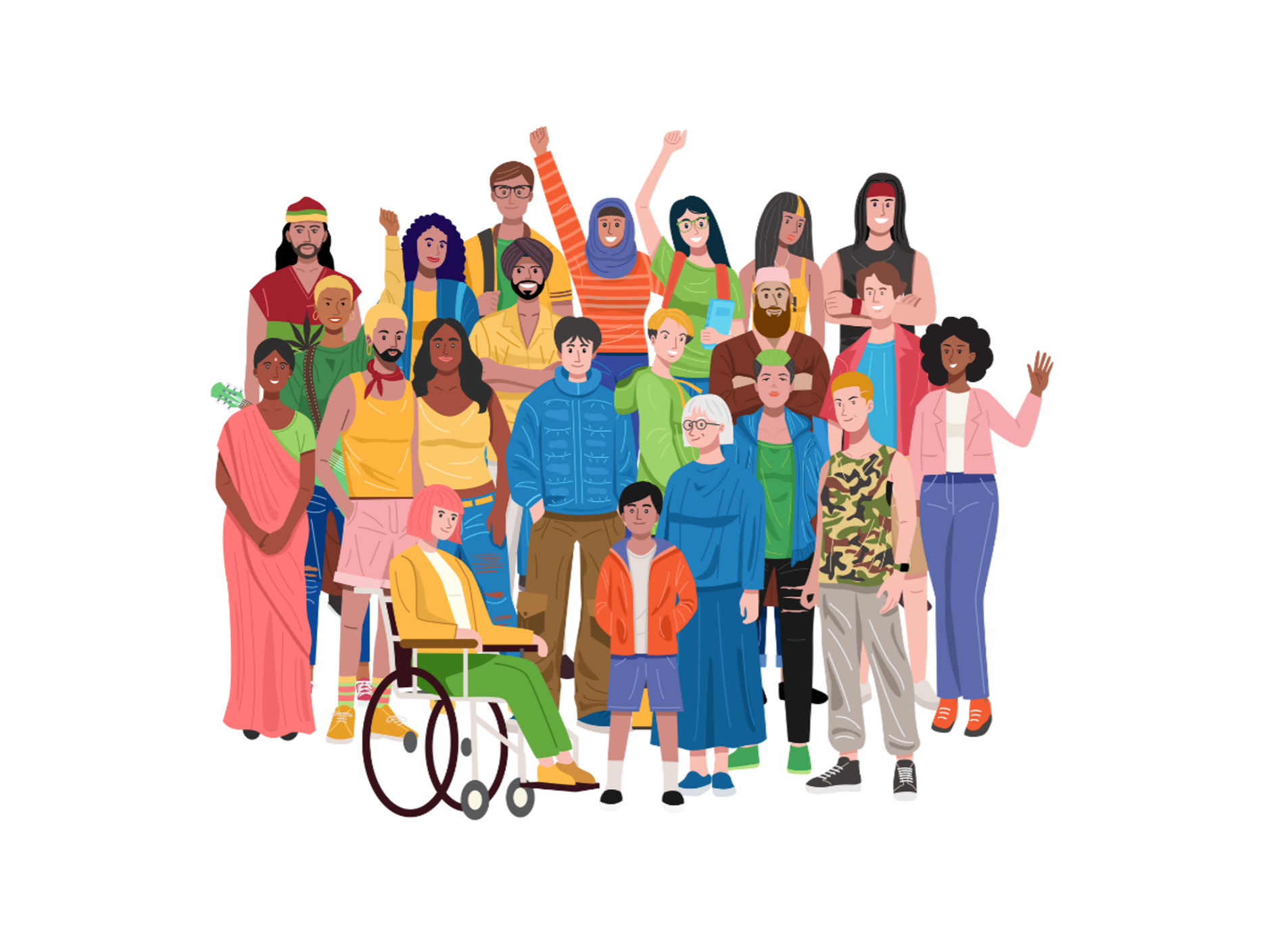 A group of diverse individuals ranging from a wide variety of identities. Four individuals have their hands in the air waving, and they're all facing forward.