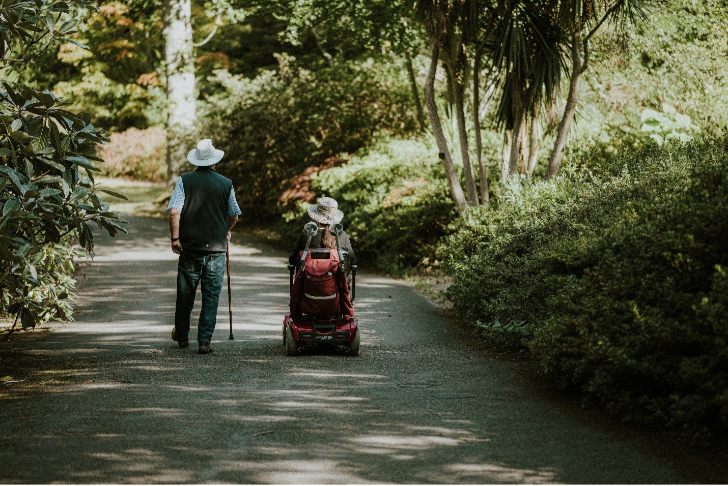 Photo from behind of two individuals in nature - one is walking with a cane and the other is using a mobility device that appears to be a scooter.