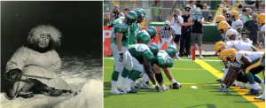 The left image shows an Inuit person. The right image shows two football teams faceing off.