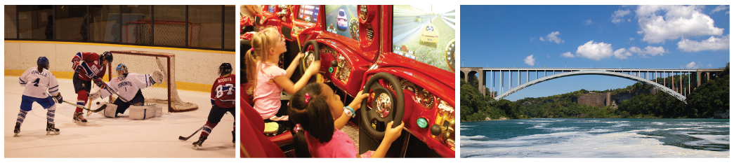 Photo 1: Kids playing hockey. Photo 2: Kids playing arcade games. Photo 3: A large bridge.