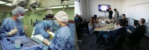 Doctors in an operating room and people in a staff meeting.