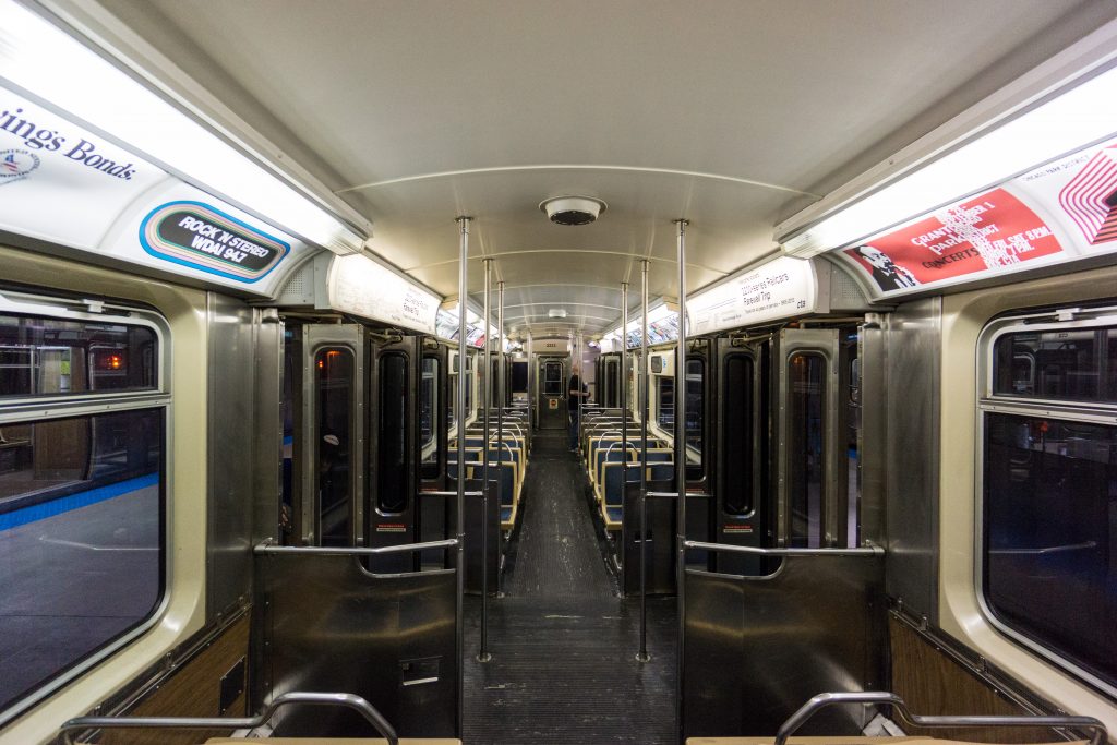 Inside of an empty subway train