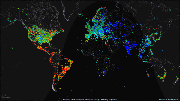 A world map on which different colored flickering dots mark the internet use