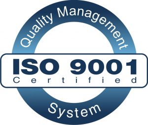 White letters on a blue circle spell Quality Management System. Black letters in a rectangle spell ISO 9001 Certified.
