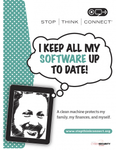 Framed picture of a man with thought bubble: "I keep all my software up to date"