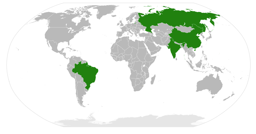 BRIC countries Brazil, Russia, India and China highlighted on a map.