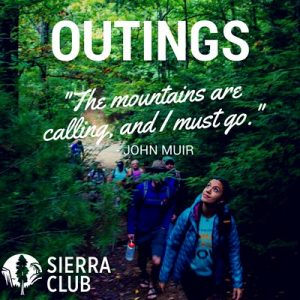 A line of hikers walking through a forest. Outings. Sierra Club. Quote from John Muir The mountains are calling, and I must go.