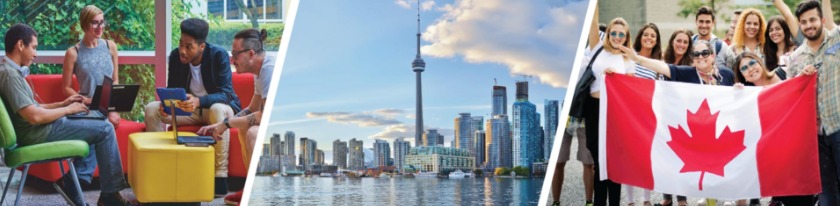 Students working together; Toronto skyline; students holding Canadian flag