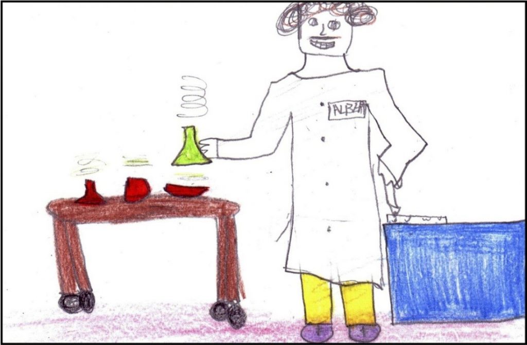 Drawing by Grade 5/6 male student depicting a scientist "making chemicals and writing down the results. He is Albert Einstein."