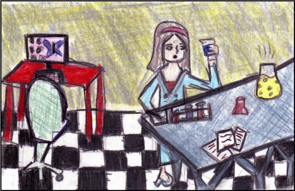 Drawing by Grade 5/6 female student depicting a female scientist "making medicine to stop all kinds of cancer."