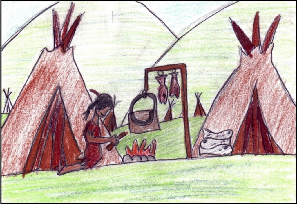 Drawing by Grade 5/6 female student depicting a "girl cooking dinner by starting a fire and drying fish."