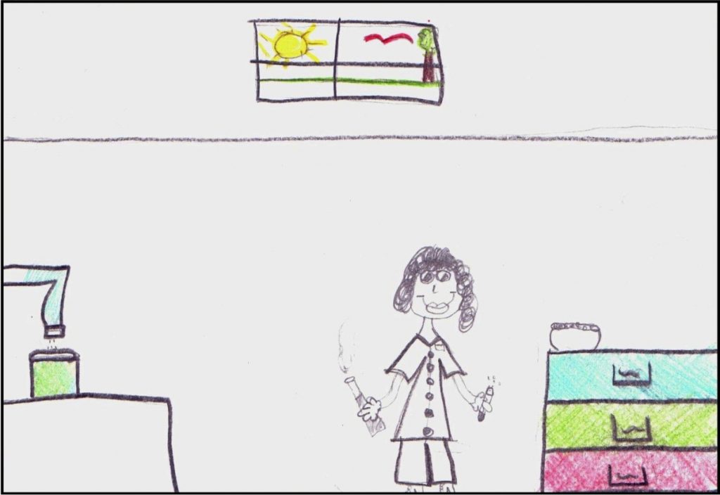 Drawing by Grade 5/6 female student depicting female "Aboriginal scientist mixing herbs and chemicals."