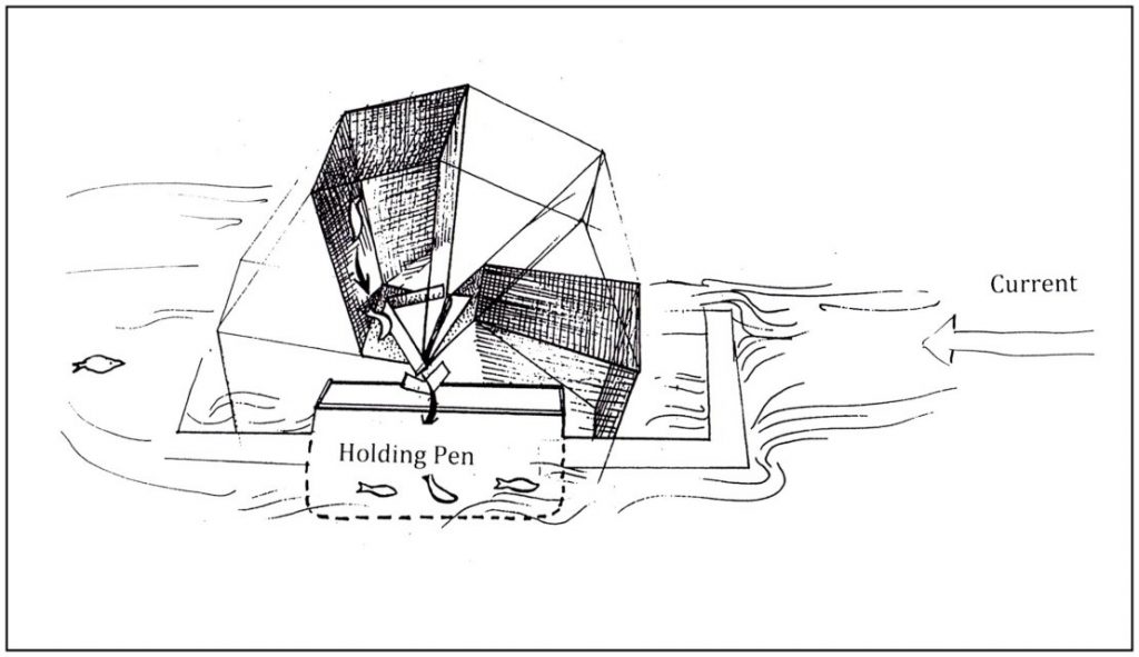 Nisga'a fish wheel showing holding pen