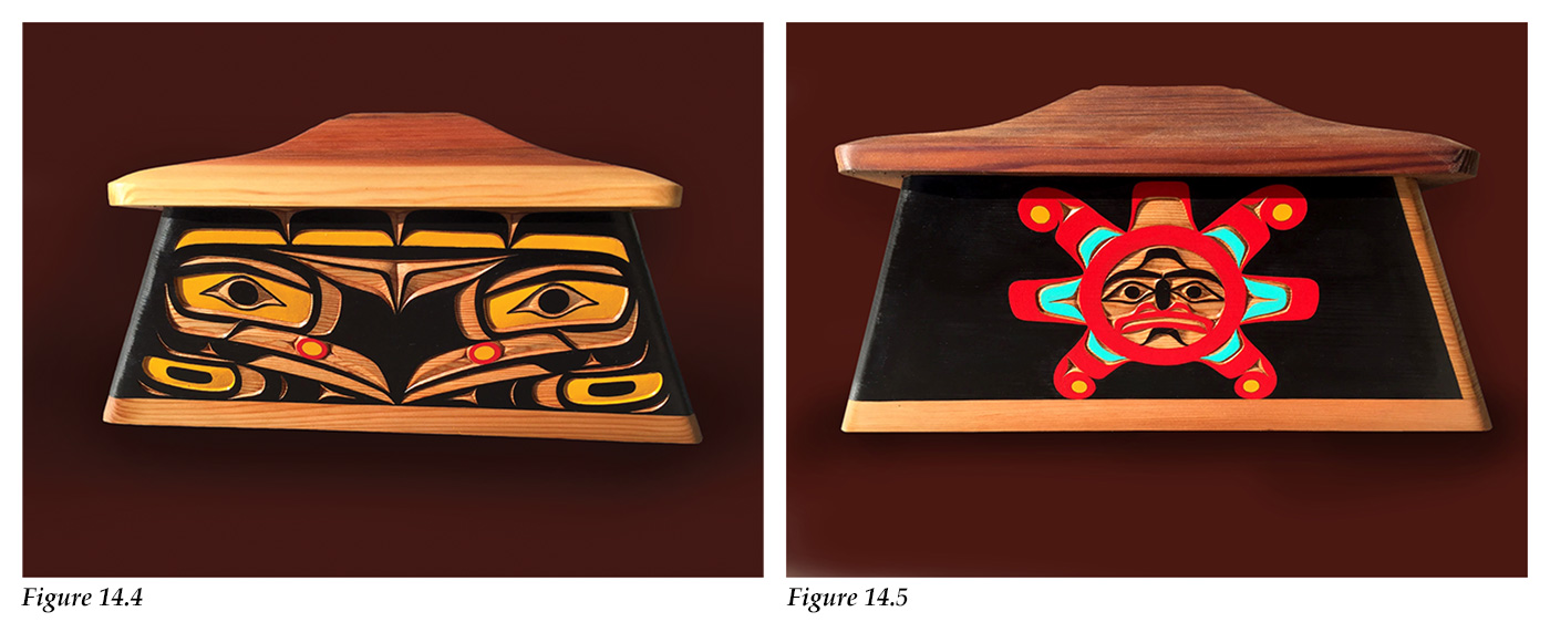 Bentwood boxes depicting Raven releasing Sun and darkness replaced by sunlight by 'Namgis master artist Bruce Alfred