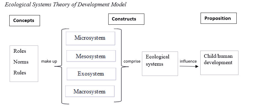 Ecological Systems Theory of Development Model: When we look at the Model of EST (Ecological Systems Theory of Development Model) we need to look at a few areas.The four systems that Bronfrenner proposed are constructed by roles, norms, and rules. The microsystem is where a person is in a situation. The mesosystem is an interaction between 2 or more microsystems for example home & school. The exosystem areas outside but impact us such as the neighbourhood, mass media, and parents friends. The macrosystem is made up of economics, social and political systems. We see this through family, schools, neighbourhoods etc. These four systems affect all of us, our Ecological systems influence who we are and who we become.