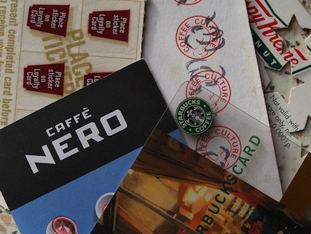 Various loyalty cards for different food and beverage businesses.