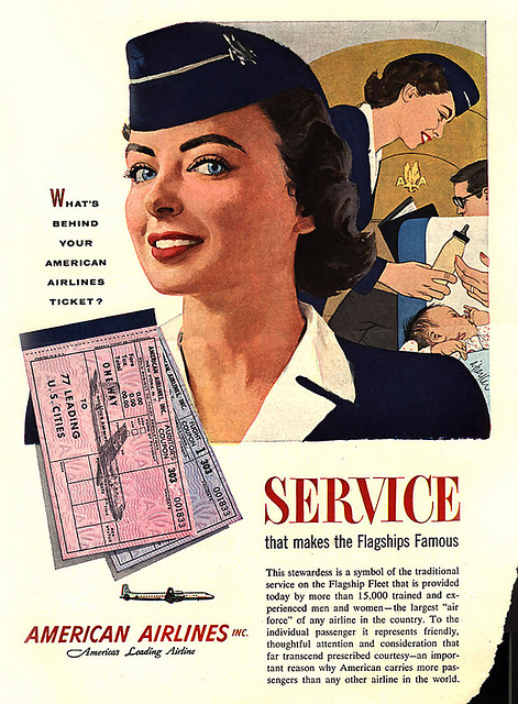 A drawing of a smiling flight attendent that says, "Service that makes the flagships famous."