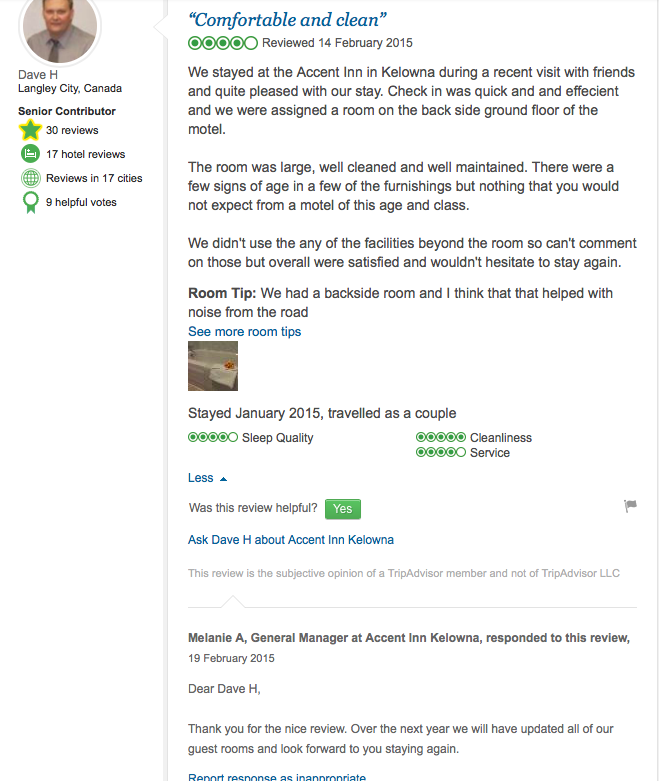 Customer hotel review. Long description available.