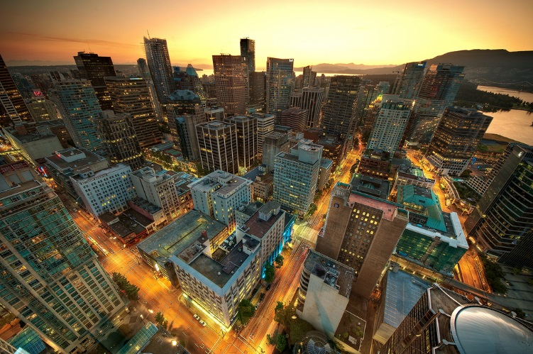 The Vancouver skyline at sunset.