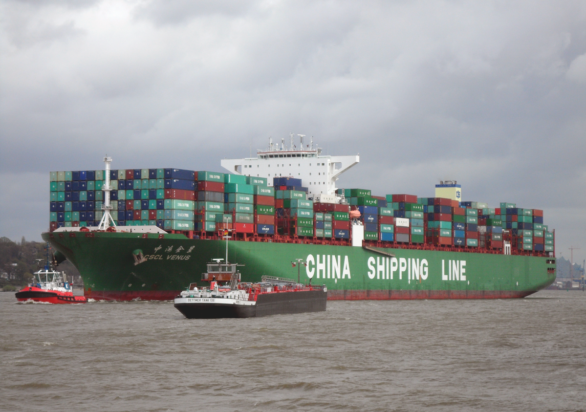 Container Ship Outgoing from Hamburg