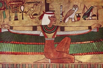 The goddess is pictured with arms outstretched and Egyptian hieroglyphic writing lined above them.