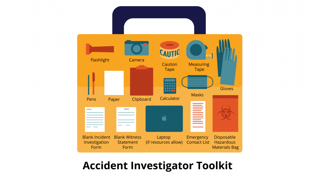Accident investigator toolkit includes flashlight, camera, tape, gloves, pens, paper, clipboard, calculator, masks, forms, disposable hazardous materials bag, and emergency contact list